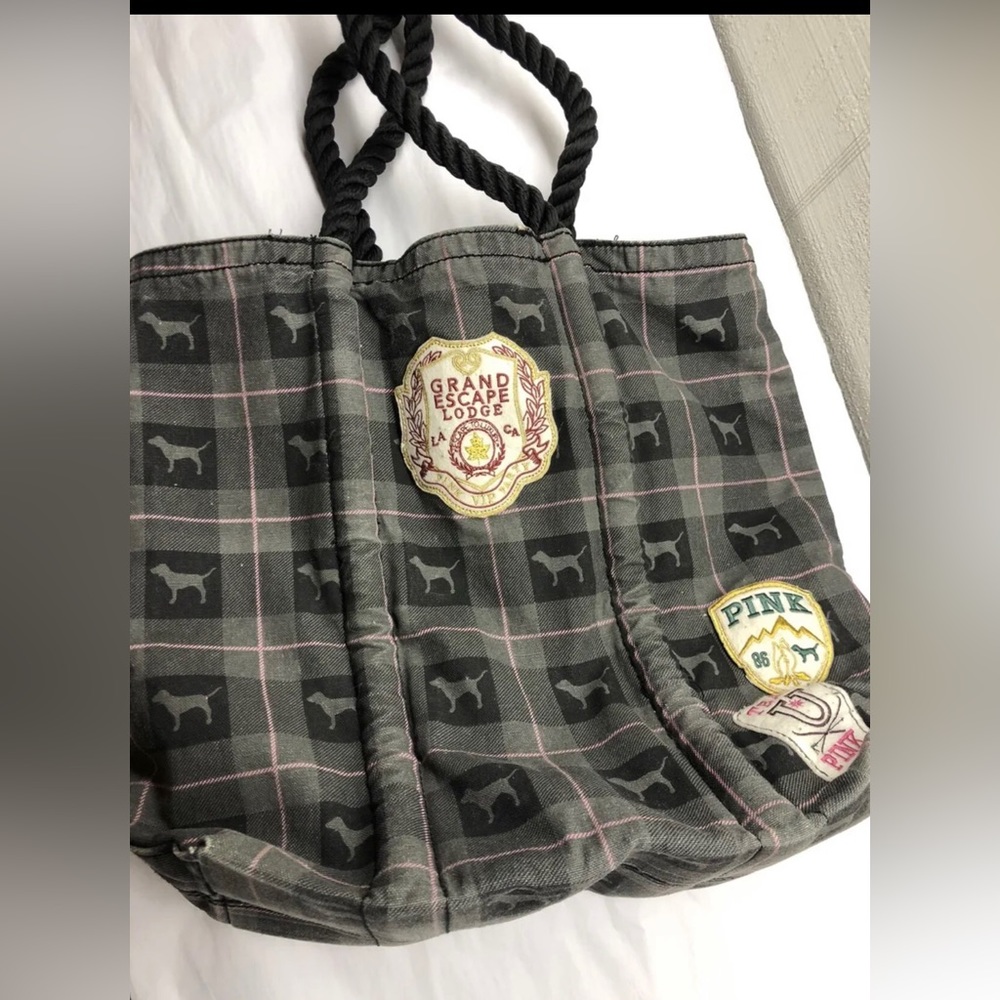 Rare Vintage Victoria’s Secret Pink grey plaid rope tote grand escape lodge